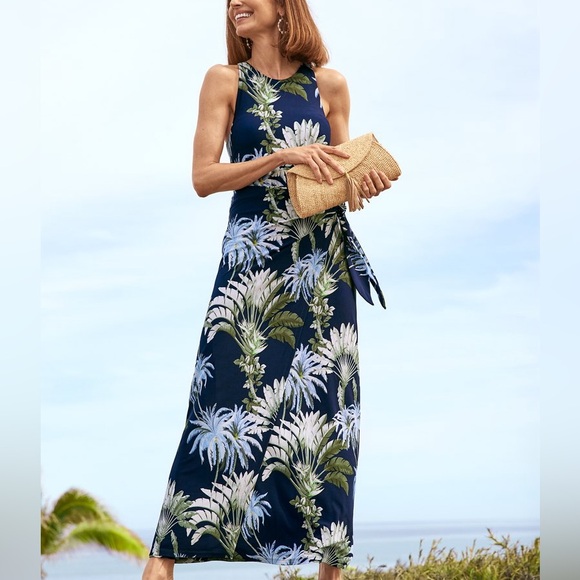 Tommy Bahama Navy and Green Palm Print Dress - Picture 3 of 8